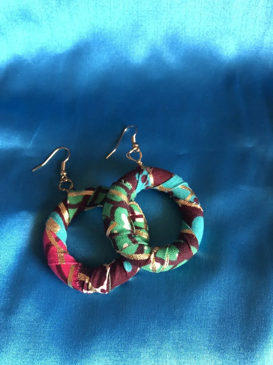 African Hoops in Green Gold Ankara Print - Up cycled Zero Waste Earrings