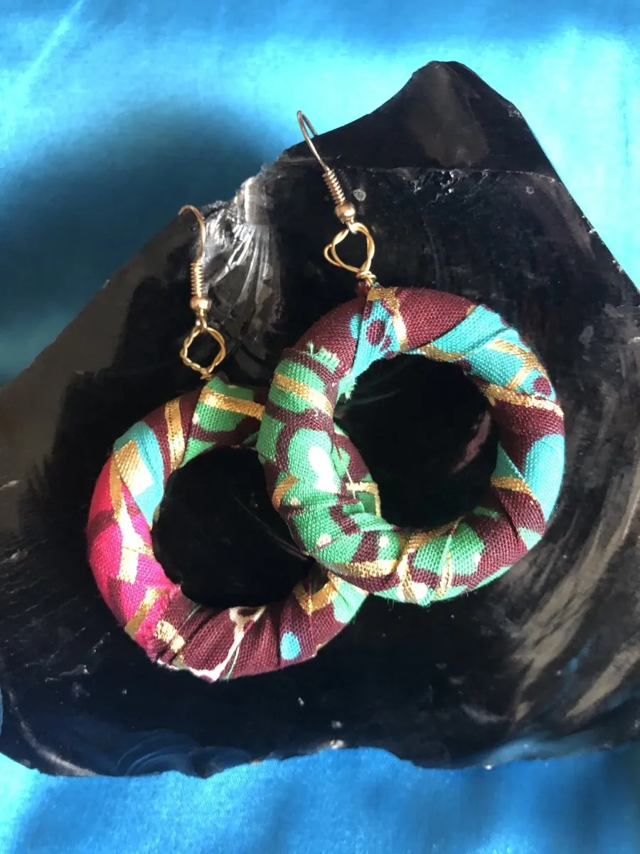 African Hoops in Green Gold Ankara Print - Up cycled Zero Waste Earrings