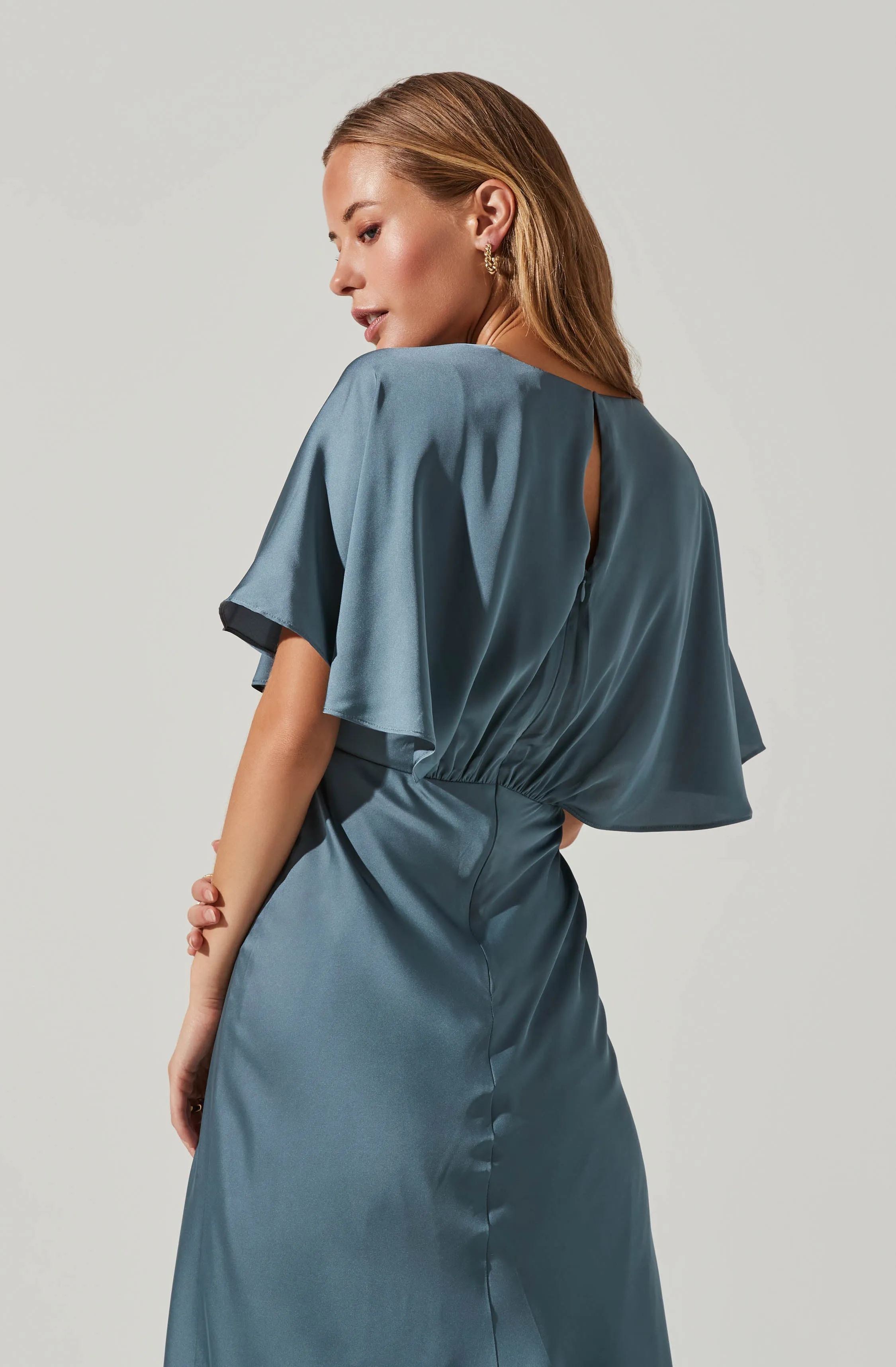 Alessia Satin Flutter Sleeve Midi Dress