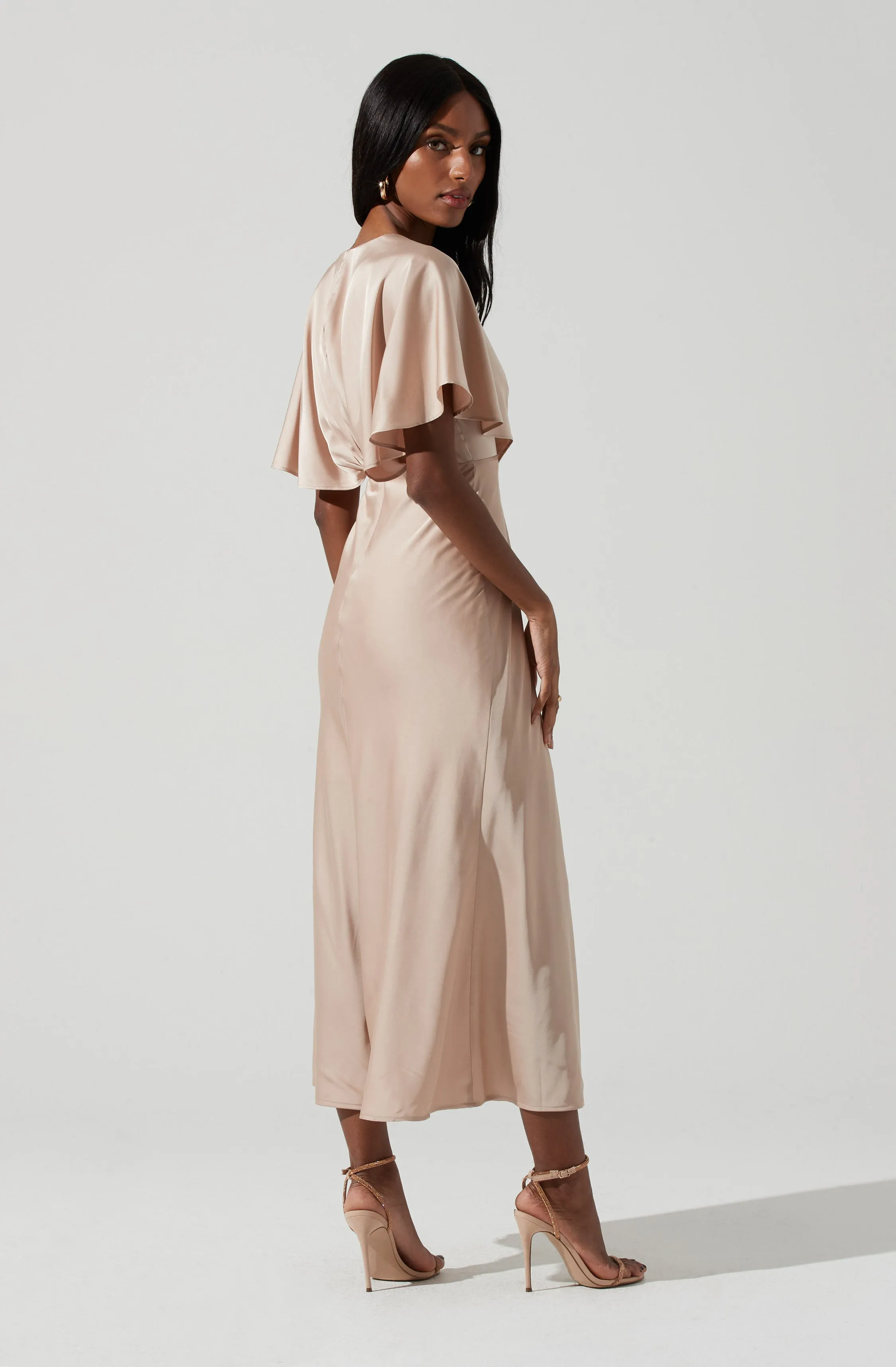 Alessia Satin Flutter Sleeve Midi Dress