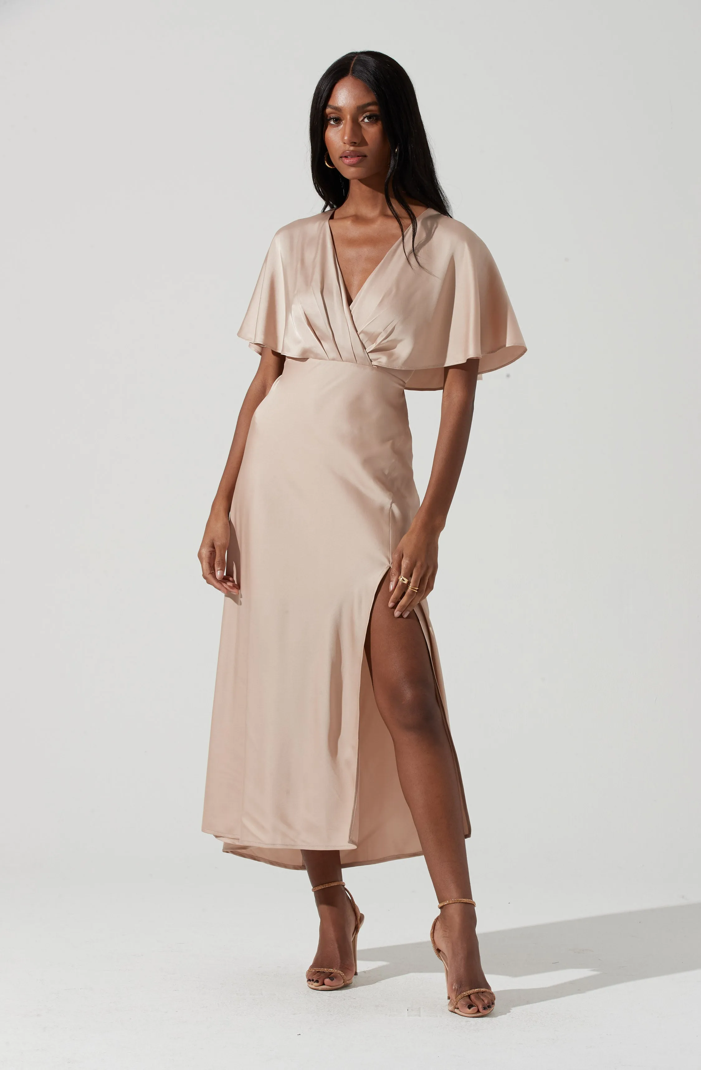 Alessia Satin Flutter Sleeve Midi Dress