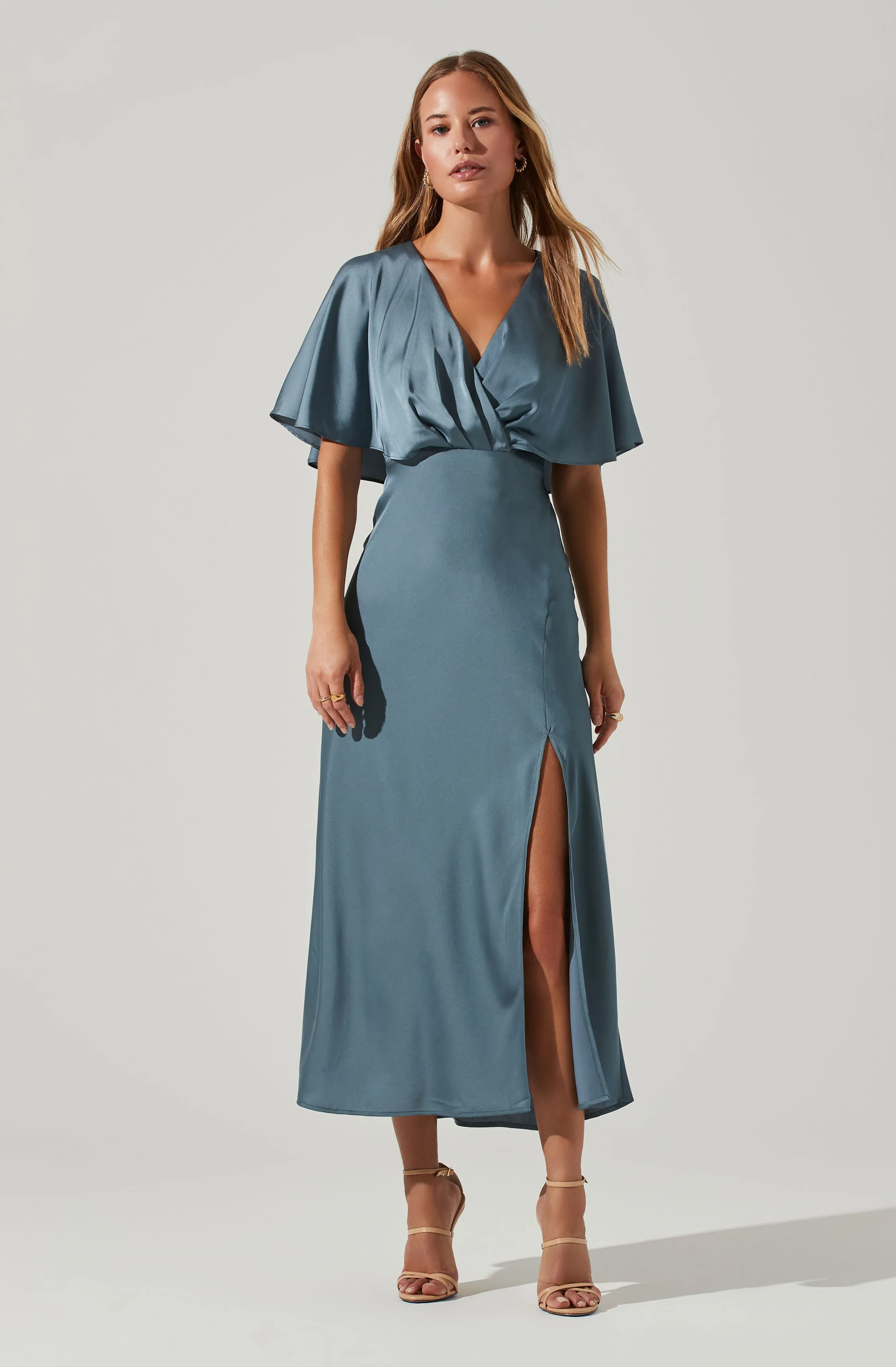 Alessia Satin Flutter Sleeve Midi Dress