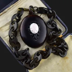 Antique Victorian Vulcanite Cameo Locket Necklace