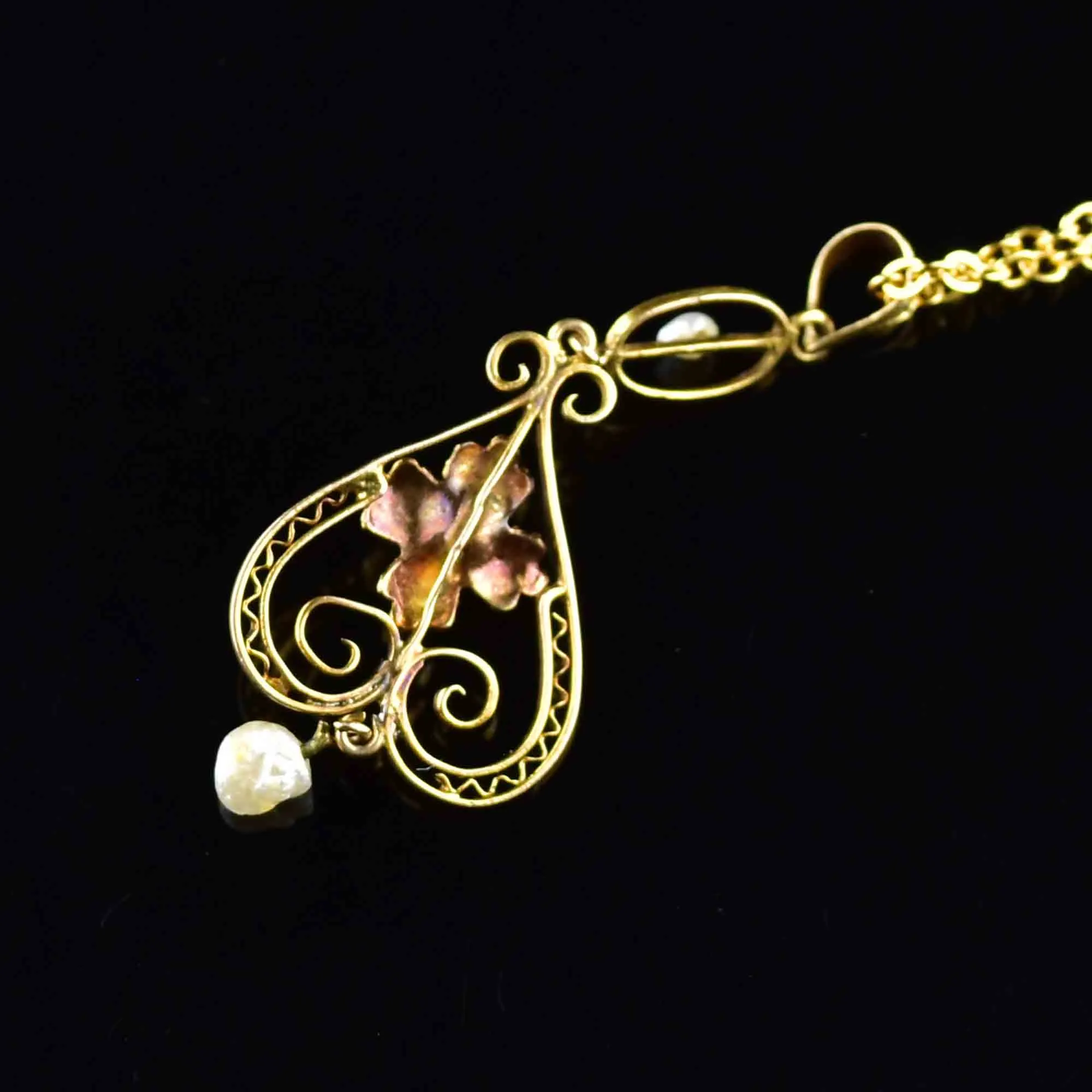 Art Nouveau 10K Gold Filigree Diamond Pearl Lavaliere Necklace