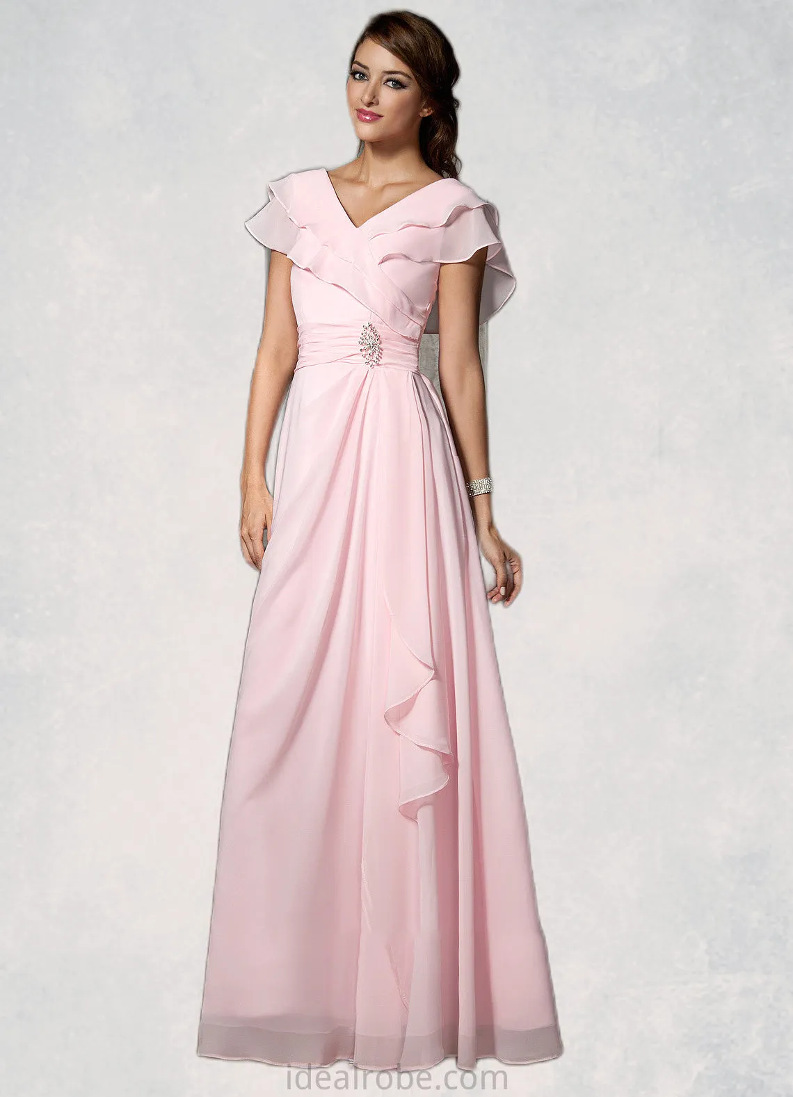 Aurora A-Line V-neck Floor-Length Chiffon Mother of the Bride Dress With Crystal Brooch Cascading Ruffles STK126P0014796