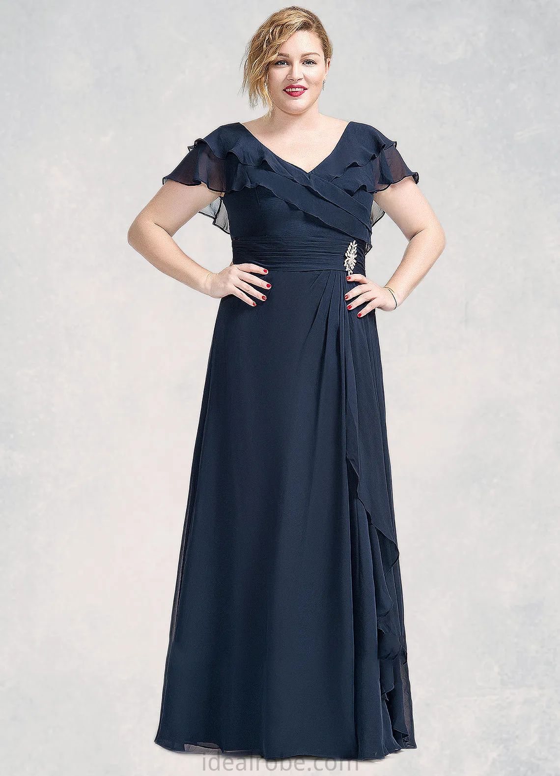 Aurora A-Line V-neck Floor-Length Chiffon Mother of the Bride Dress With Crystal Brooch Cascading Ruffles STK126P0014796