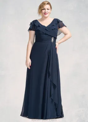 Aurora A-Line V-neck Floor-Length Chiffon Mother of the Bride Dress With Crystal Brooch Cascading Ruffles STK126P0014796