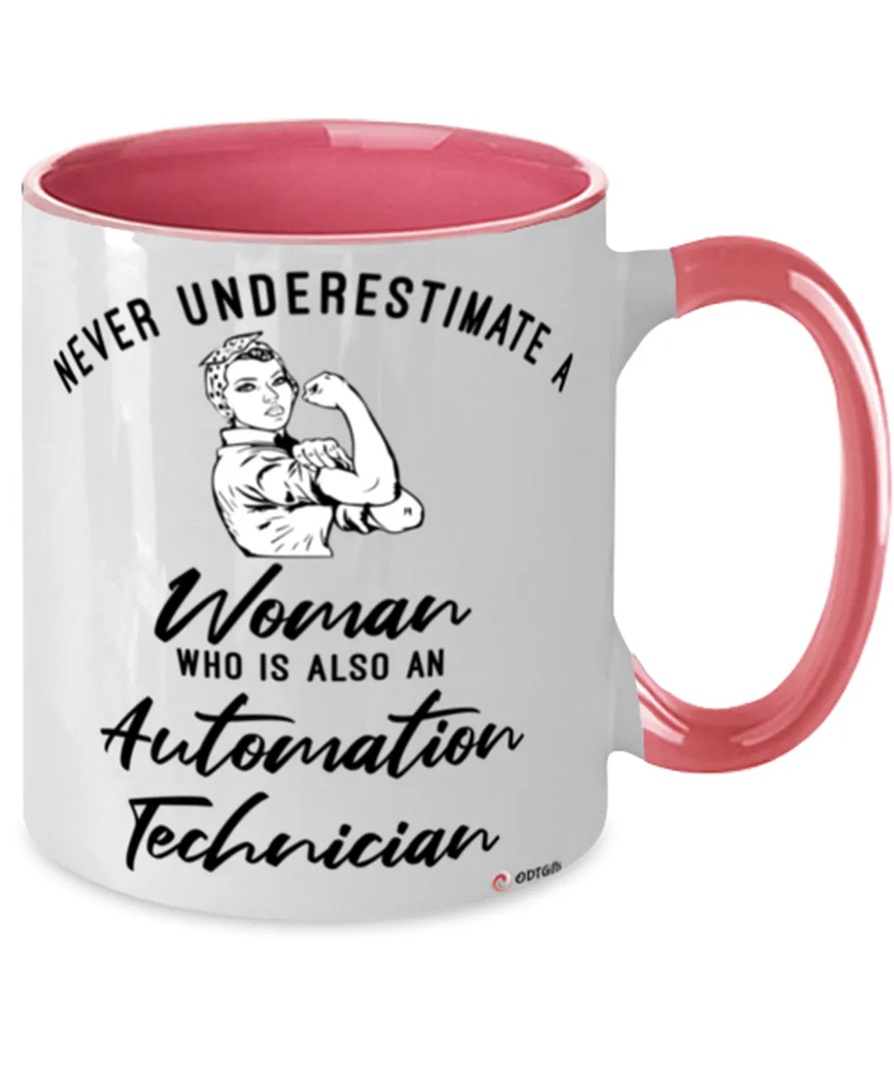 Automation Technician Mug Never Underestimate A Woman Who Is Also An Automation Tech Coffee Cup Two Tone Pink 11oz