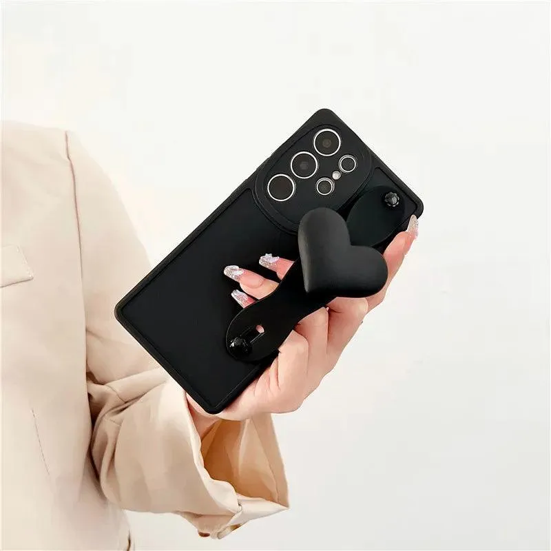 BCPC354 Cute Phone Case for Galaxy S23 Ultra, S22, S21, S20 FE, A54, 14, 24, 34, 53, M14, M54, 34, and F54 - Luxurious 3D Heart Design With Wrist Strap