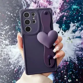 BCPC354 Cute Phone Case for Galaxy S23 Ultra, S22, S21, S20 FE, A54, 14, 24, 34, 53, M14, M54, 34, and F54 - Luxurious 3D Heart Design With Wrist Strap