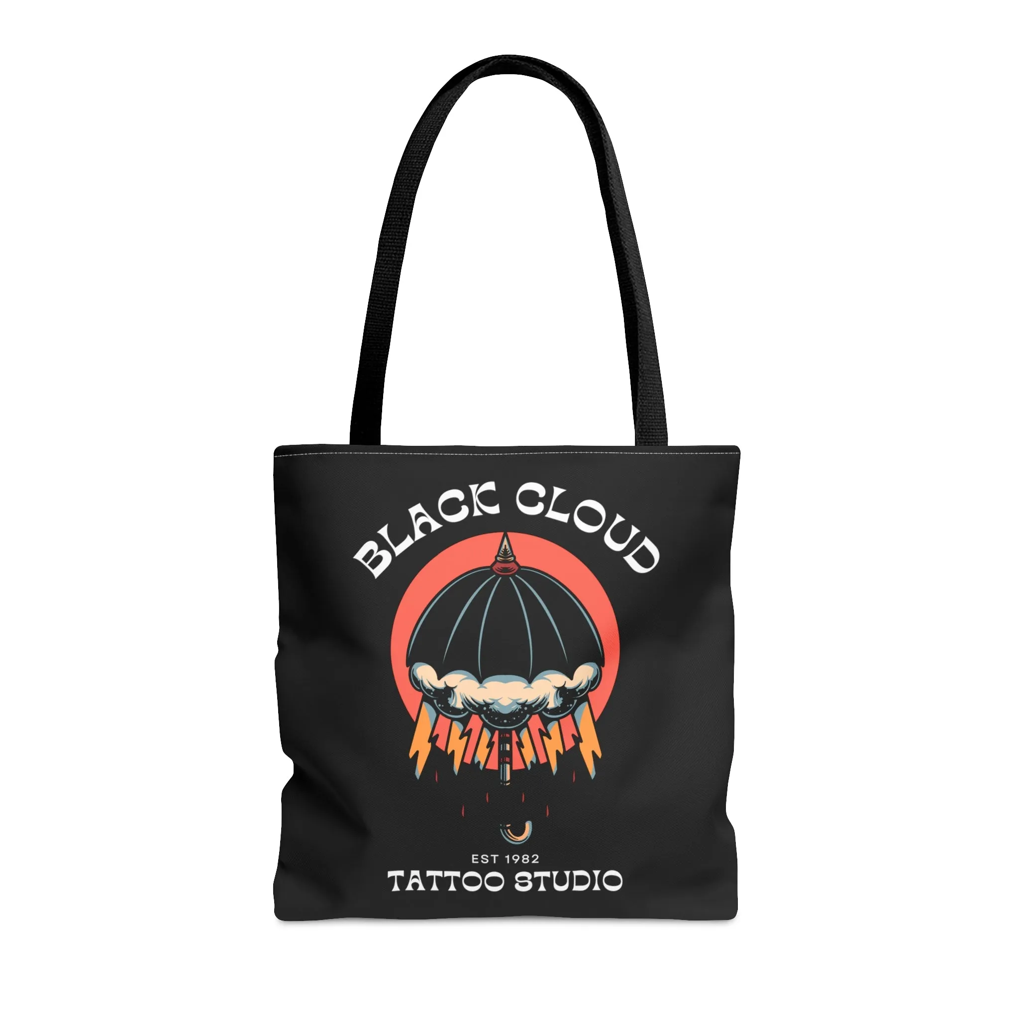 Black Cloud Umbrella Lightning Tattoo Tote Bag in Black / Vintage American Old School Traditional Tattoo Flash  / Punk Rock Beach Shopping