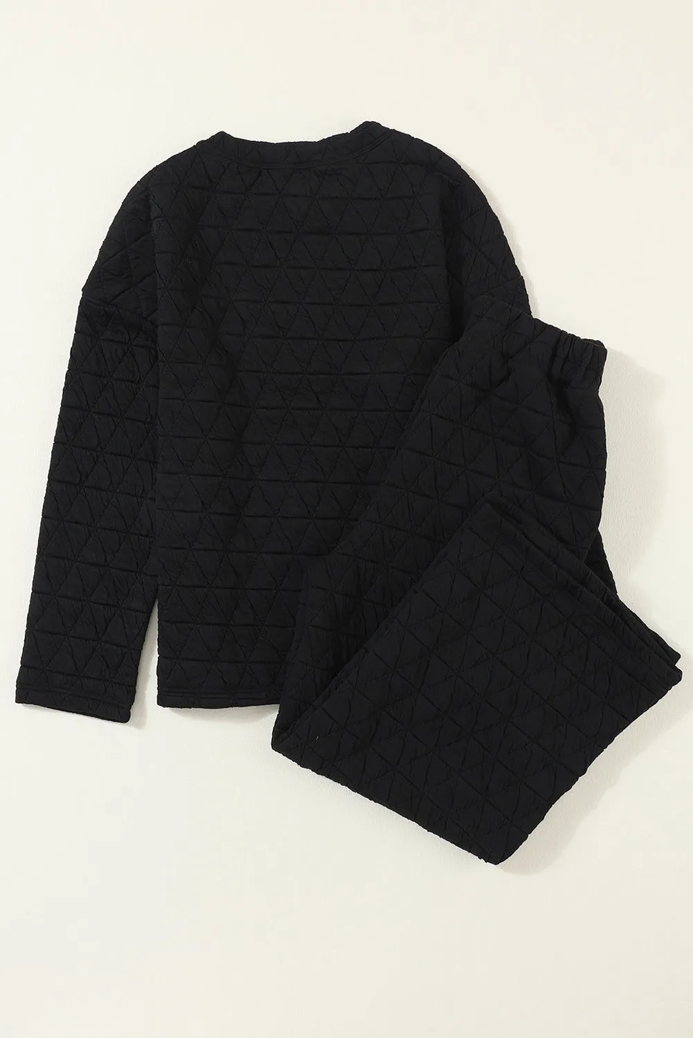 Black Solid Quilted Pullover and Pants Outfit