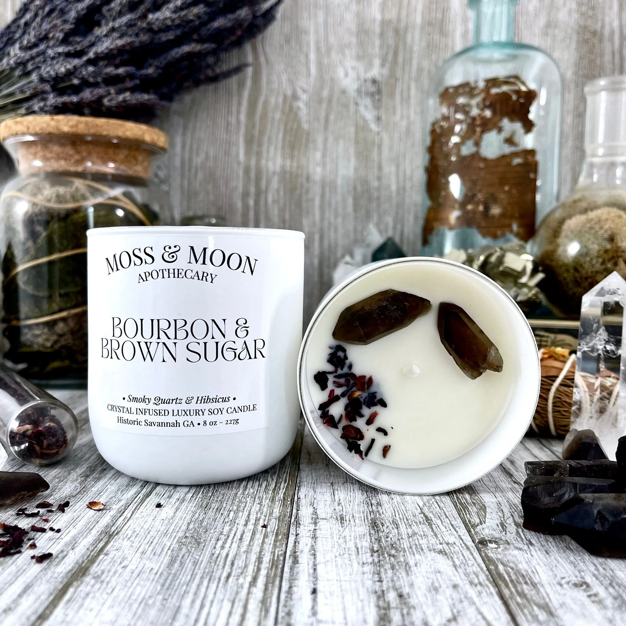 Bourbon and Brown Sugar Candle with Raw Smoky Quartz - Moss & Moon Apothecary Luxury Soy Crystal Candle