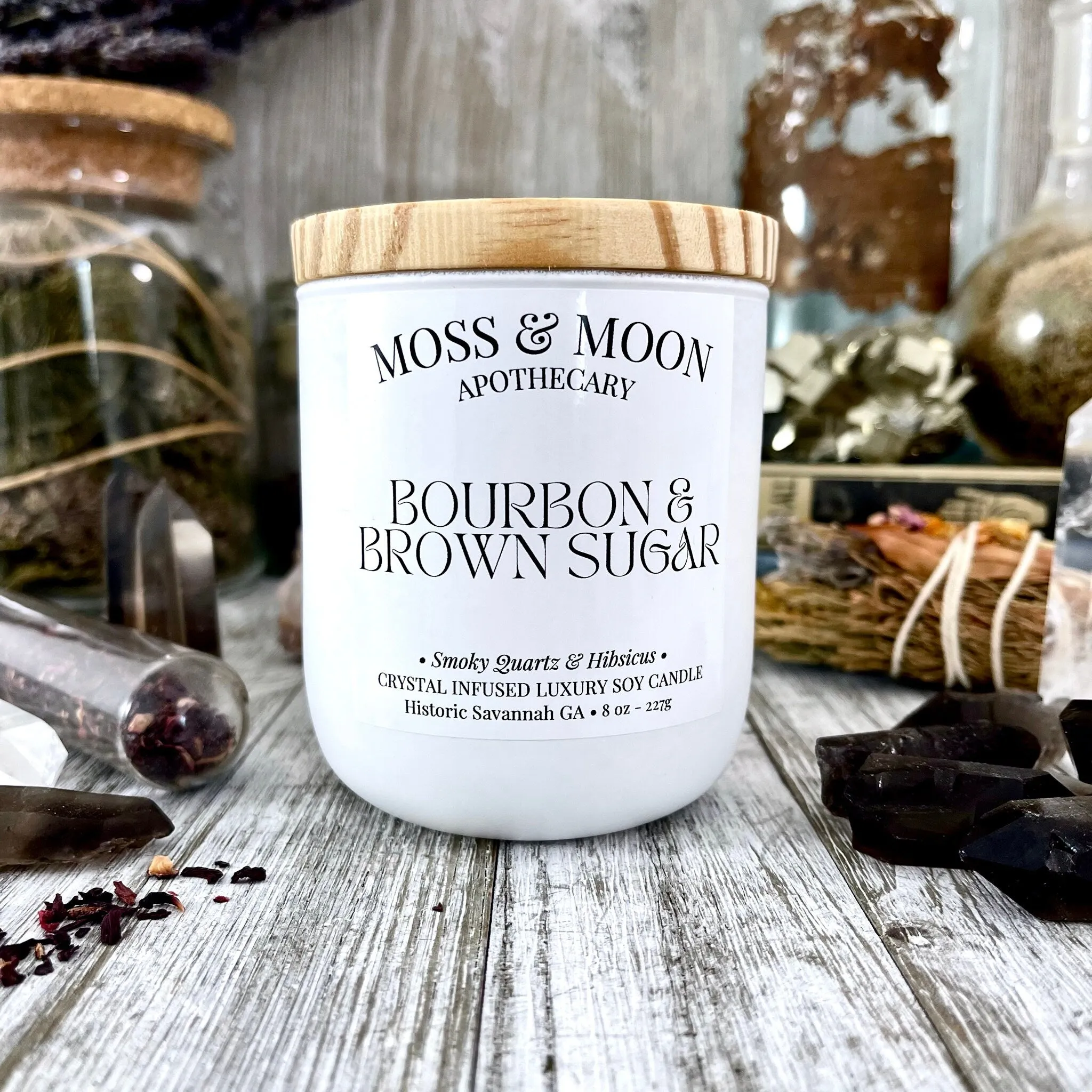 Bourbon and Brown Sugar Candle with Raw Smoky Quartz - Moss & Moon Apothecary Luxury Soy Crystal Candle