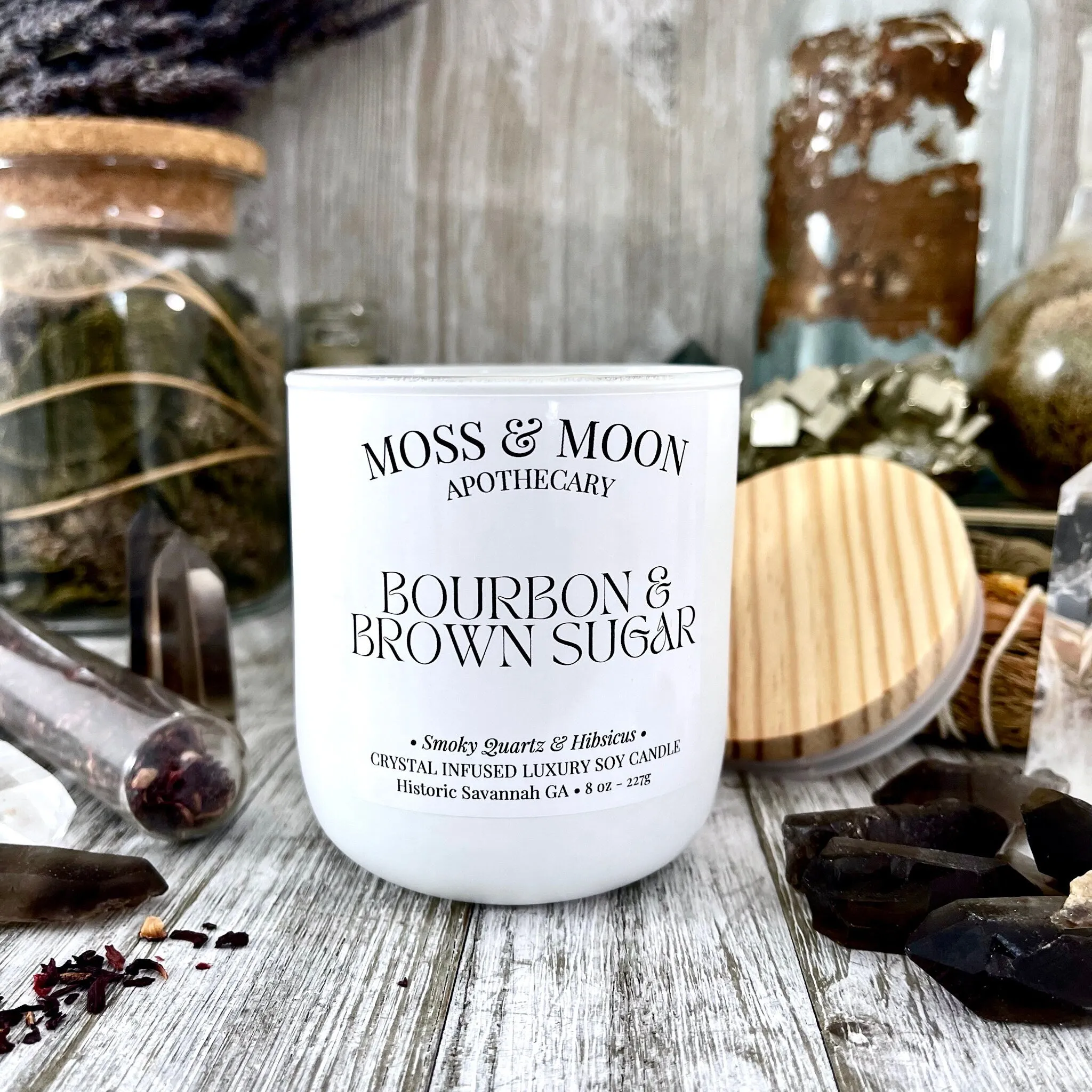 Bourbon and Brown Sugar Candle with Raw Smoky Quartz - Moss & Moon Apothecary Luxury Soy Crystal Candle