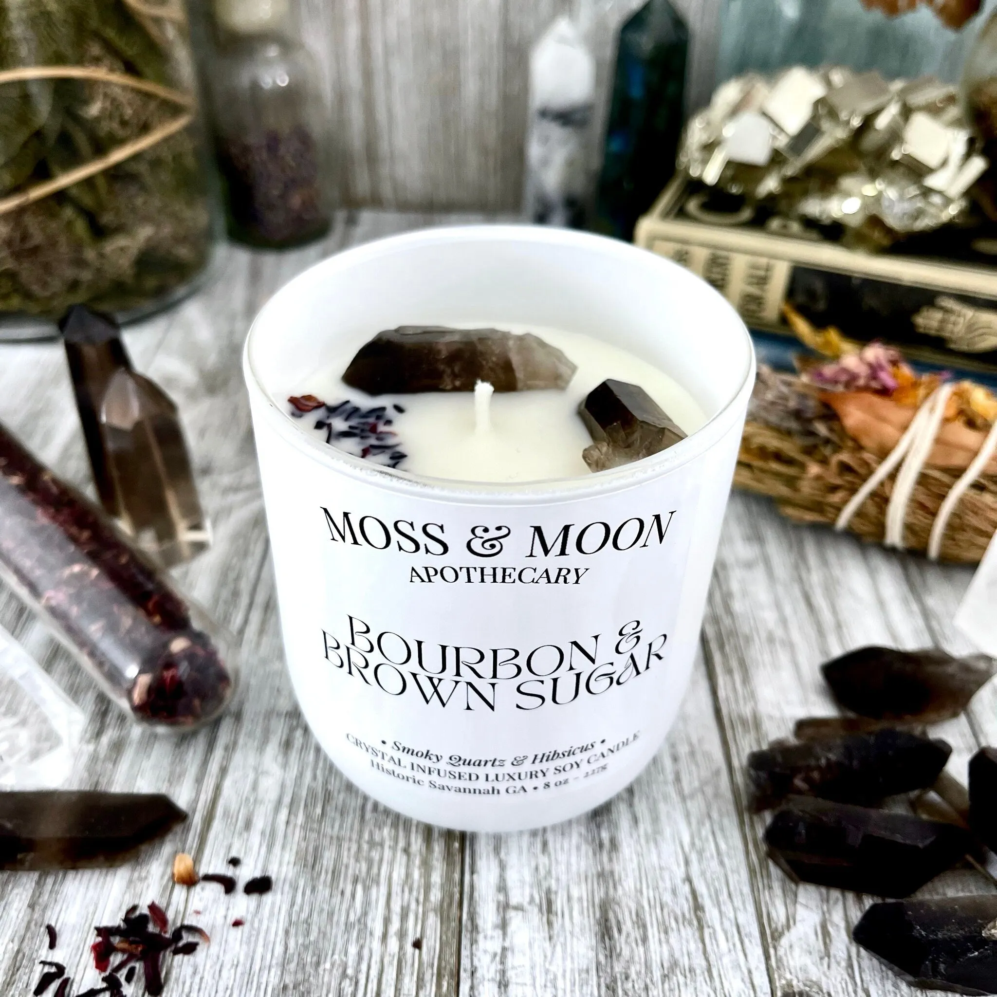 Bourbon and Brown Sugar Candle with Raw Smoky Quartz - Moss & Moon Apothecary Luxury Soy Crystal Candle