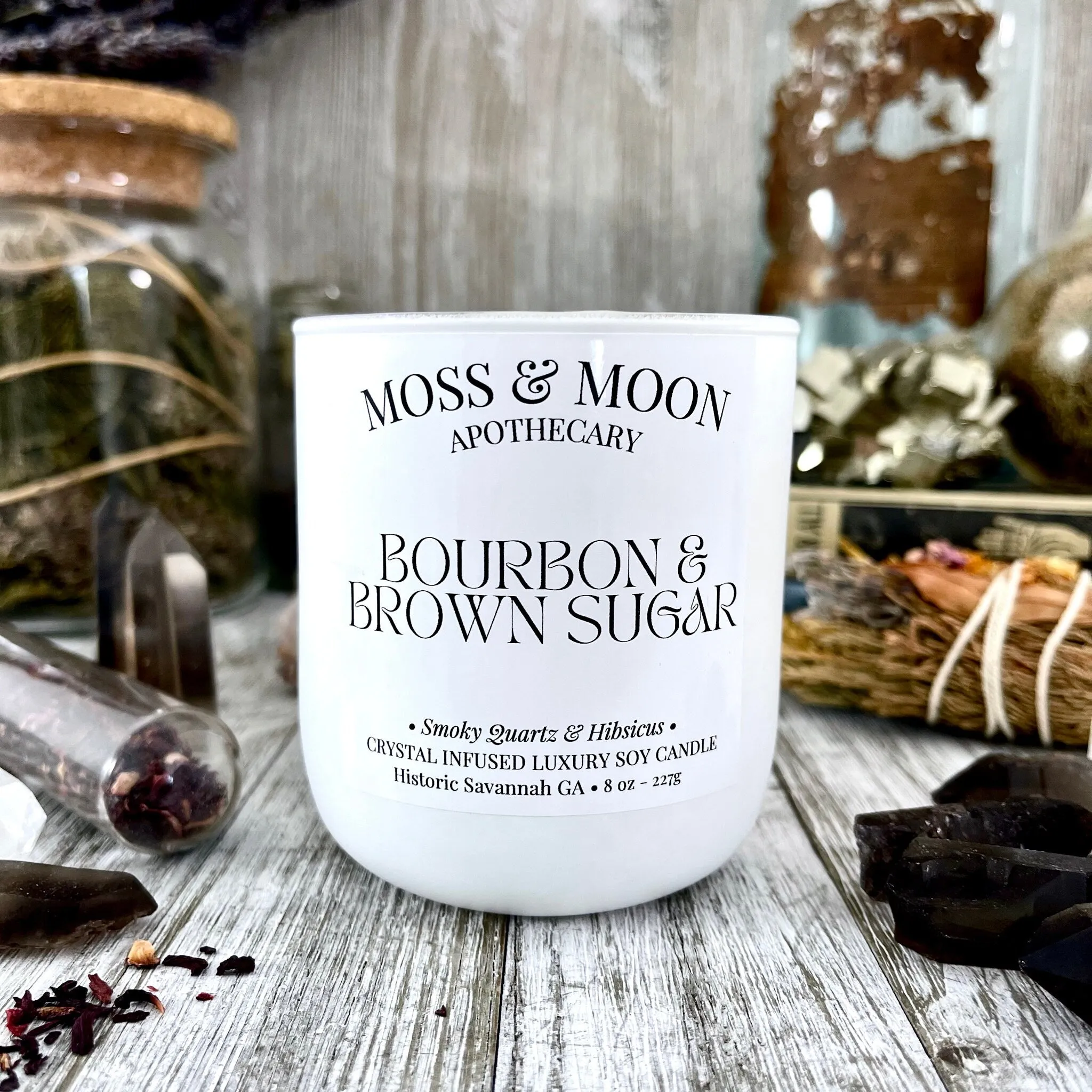 Bourbon and Brown Sugar Candle with Raw Smoky Quartz - Moss & Moon Apothecary Luxury Soy Crystal Candle