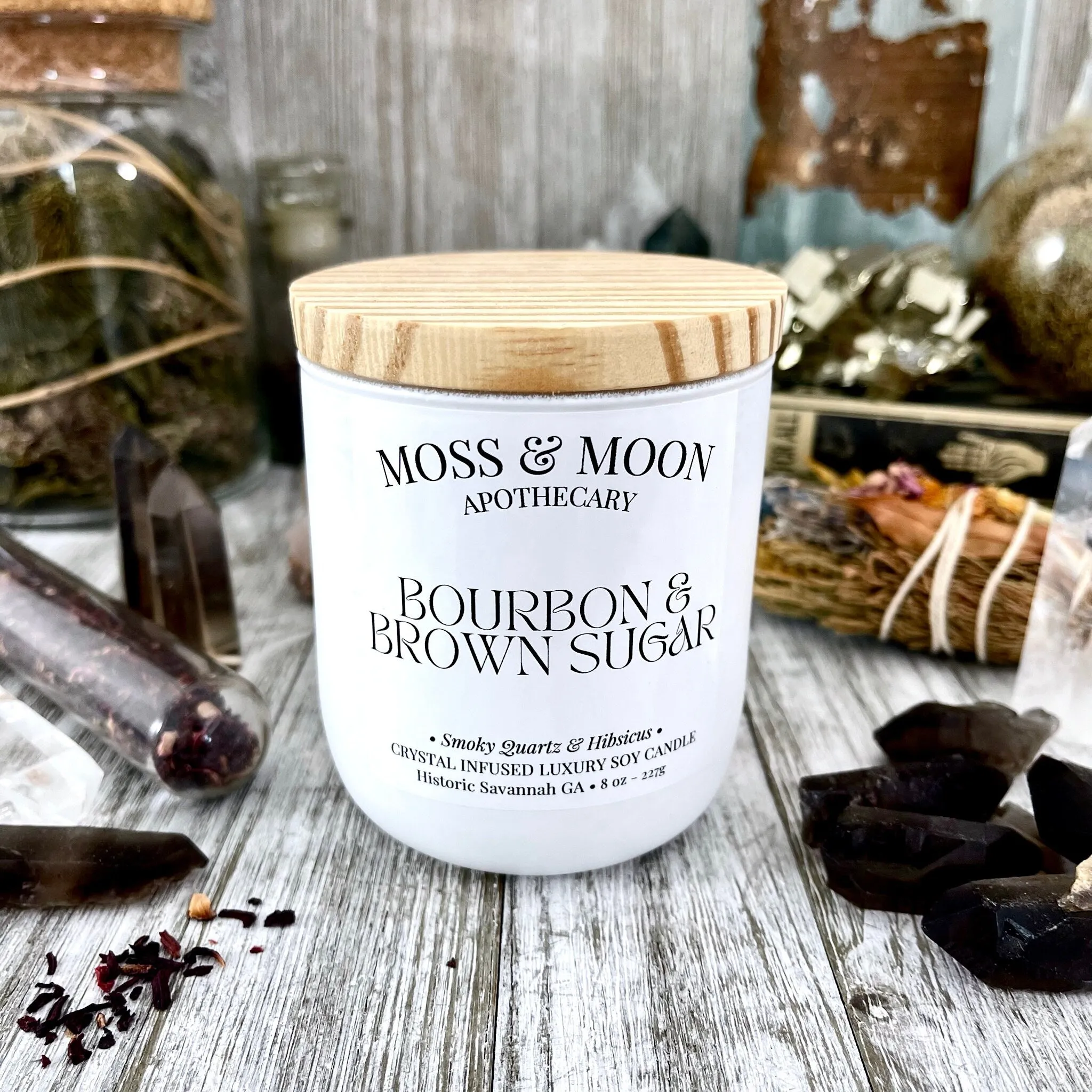 Bourbon and Brown Sugar Candle with Raw Smoky Quartz - Moss & Moon Apothecary Luxury Soy Crystal Candle