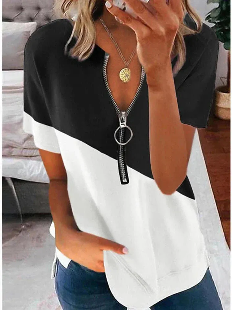 Classic V-Neck Zipper Short-Sleeved Shirt for Women