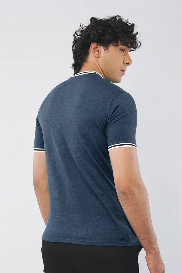 DENIM BLUE PIQUE HENLEY T-SHIRT