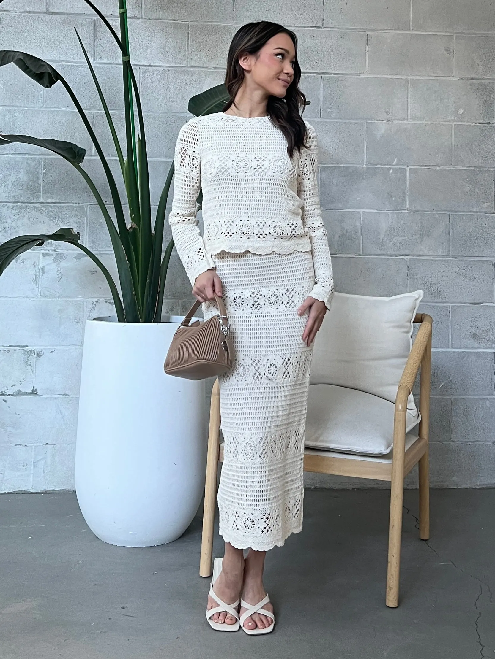 DEX Crochet Long Sleeve Top and Midi Skirt Set