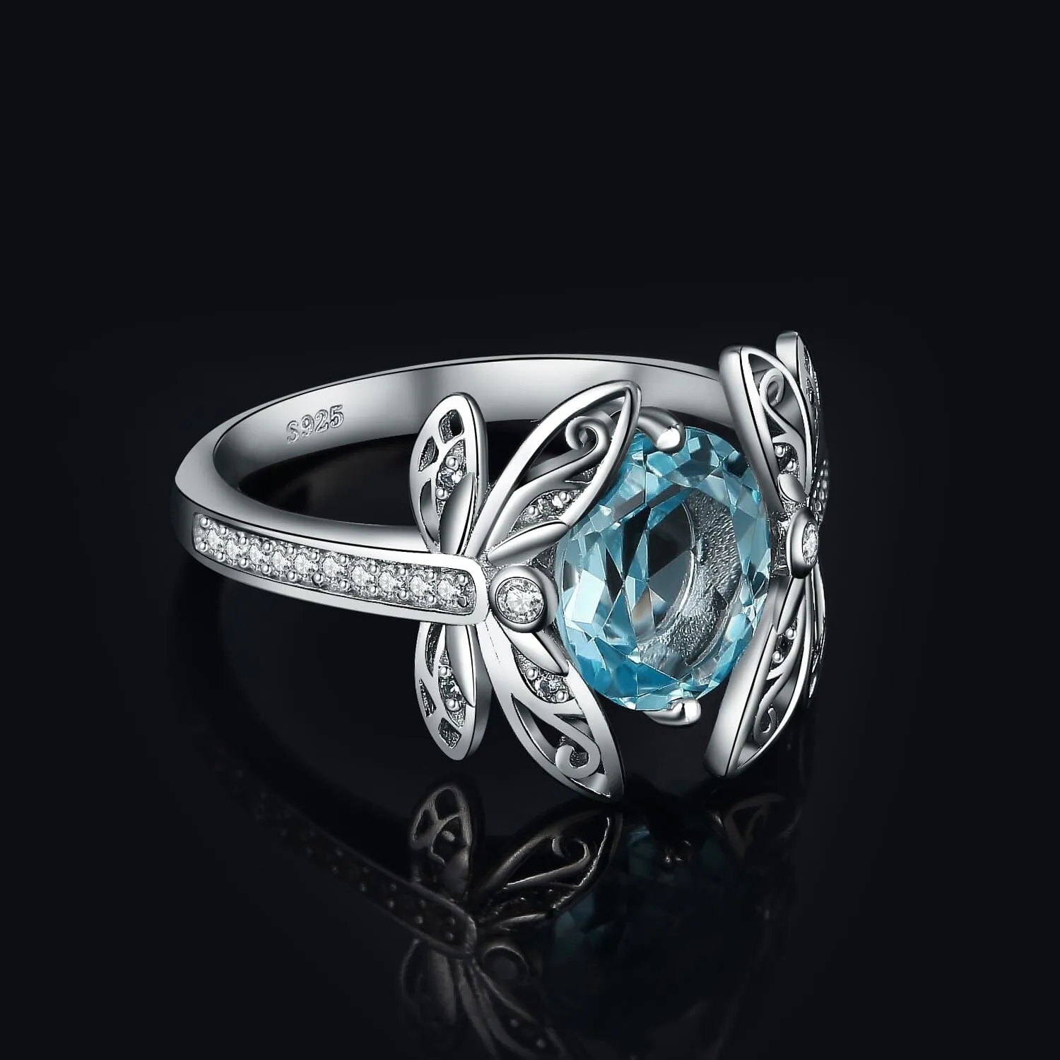 Dragonfly 3.6ct Natural Blue Topaz Cocktail Ring - 925 Sterling Silver