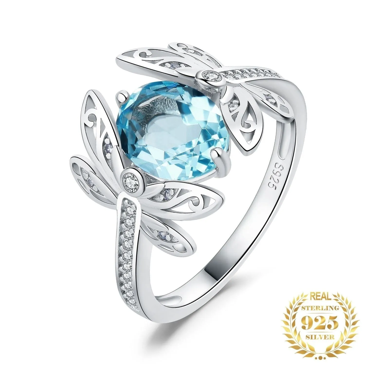 Dragonfly 3.6ct Natural Blue Topaz Cocktail Ring - 925 Sterling Silver