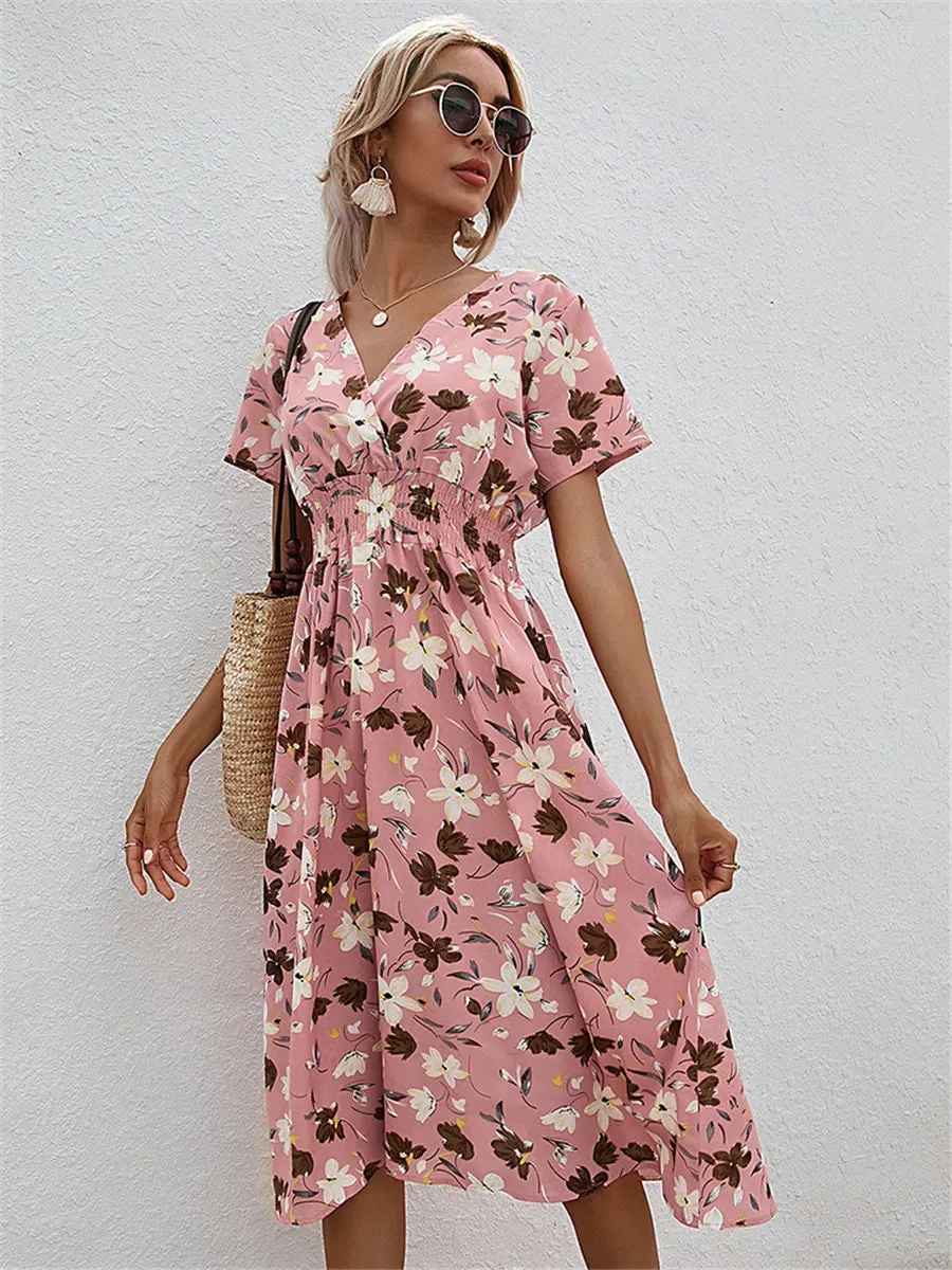 Fashion Summer 2024 for Women Long Short Sleeve Female Chic Clothing Floral Holiday Clothes Midi Dress