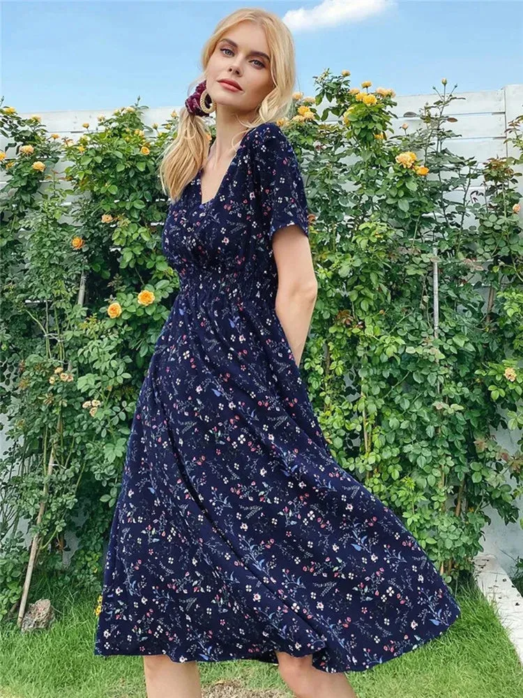 Fashion Summer 2024 for Women Long Short Sleeve Female Chic Clothing Floral Holiday Clothes Midi Dress