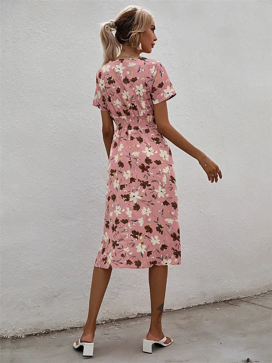 Fashion Summer 2024 for Women Long Short Sleeve Female Chic Clothing Floral Holiday Clothes Midi Dress