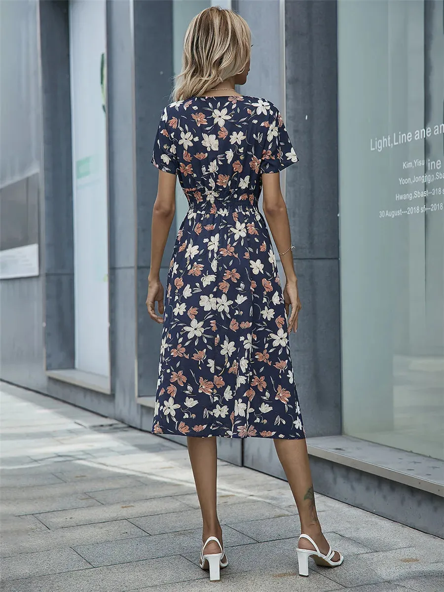 Fashion Summer 2024 for Women Long Short Sleeve Female Chic Clothing Floral Holiday Clothes Midi Dress