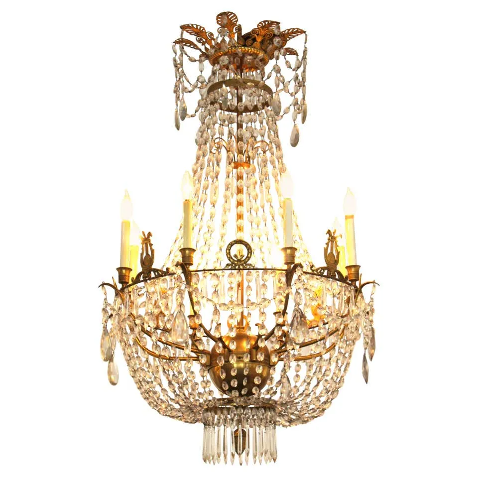 French Empire Gilt Bronze & Crystal Chandelier