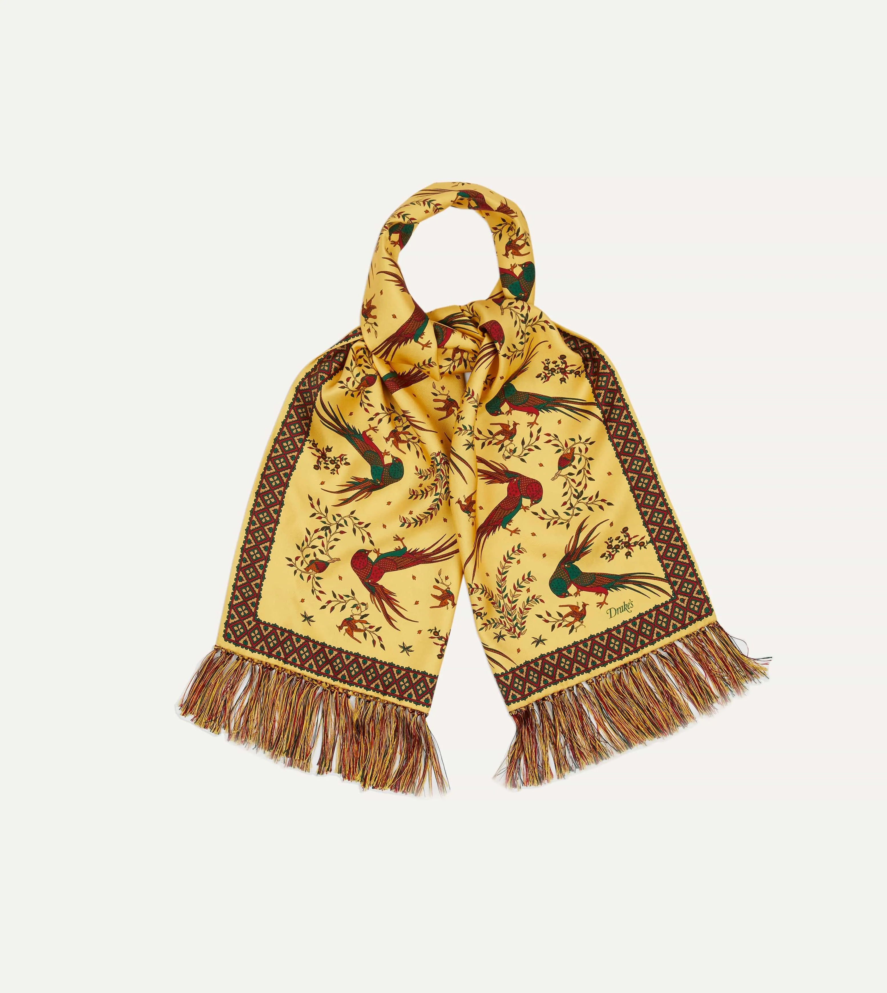 Gold Birds of Paradise Print Tubular Silk Tasselled Scarf