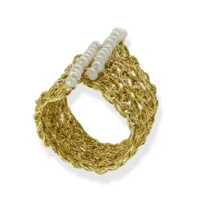 Handmade Gold Plated Crochet Knit Ring With 2 Rows of Pearls