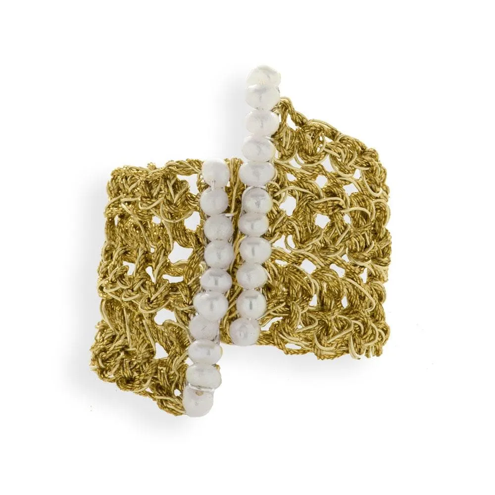 Handmade Gold Plated Crochet Knit Ring With 2 Rows of Pearls