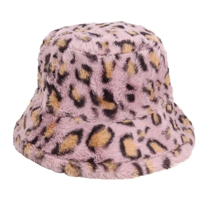 Leopard Patterned Faux Fur Bucket Hat