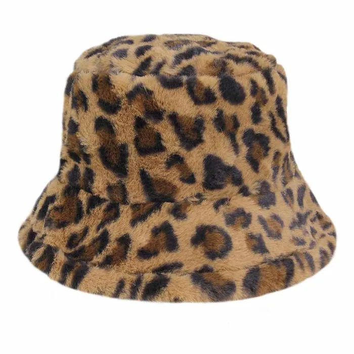 Leopard Patterned Faux Fur Bucket Hat