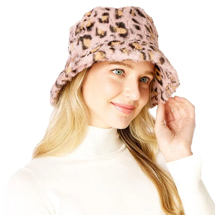 Leopard Patterned Faux Fur Bucket Hat