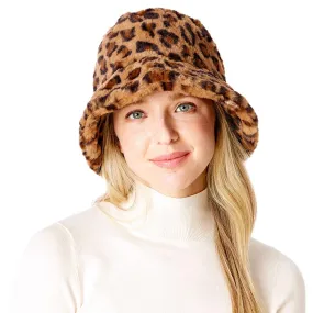 Leopard Patterned Faux Fur Bucket Hat