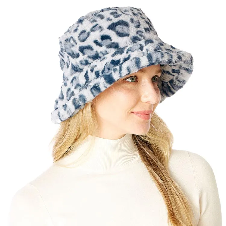 Leopard Patterned Faux Fur Bucket Hat