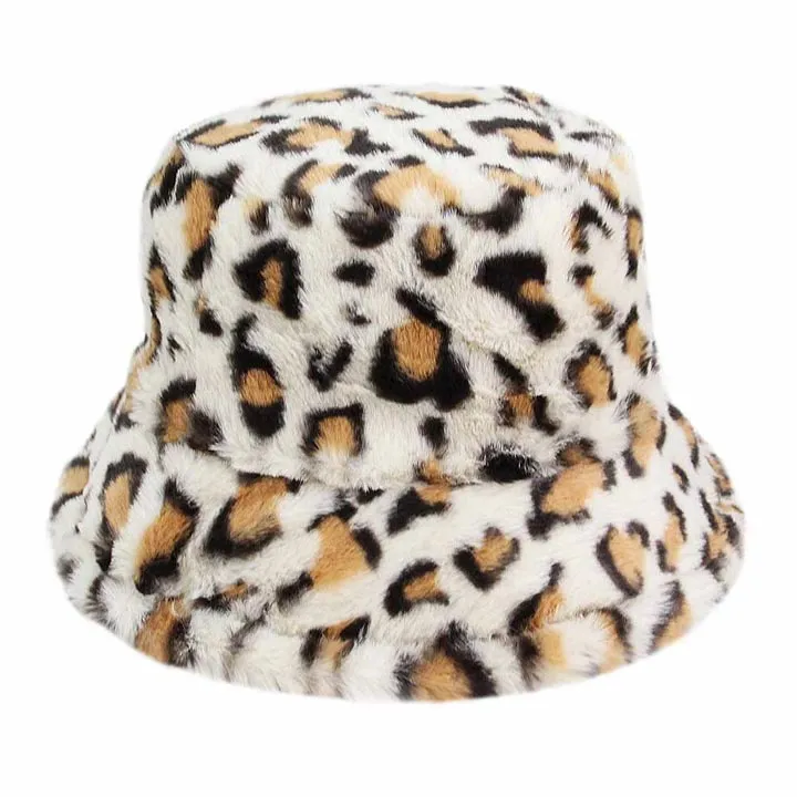 Leopard Patterned Faux Fur Bucket Hat