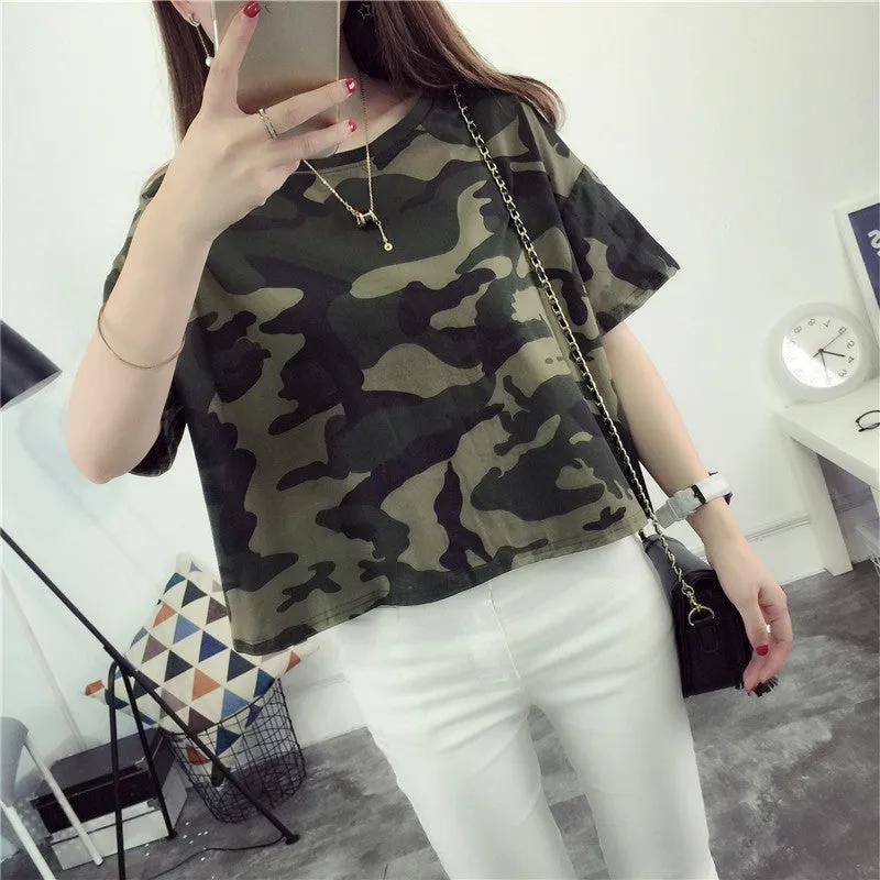 Maglia Donna Girocollo Mezza Manica Fantasia Militare Casual Comoda