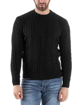 Maglione Con Trecce Uomo Girocollo Maglia Maglioncino Intrecciato Nero GIOSAL-M2803A