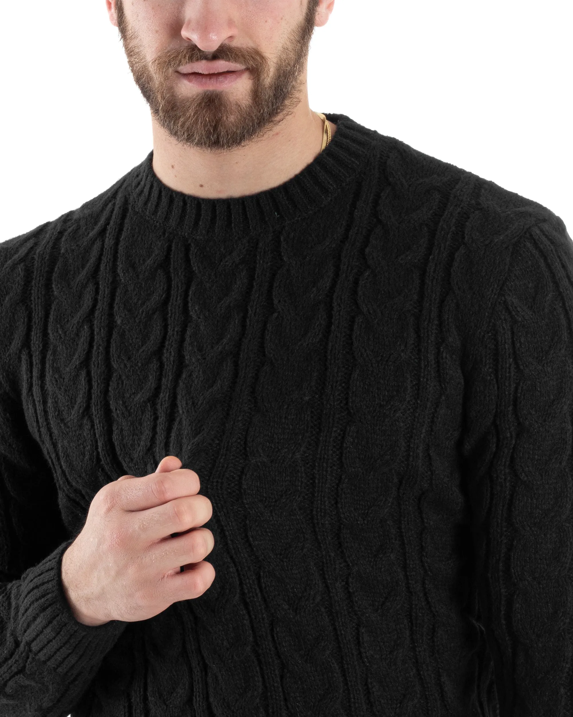 Maglione Con Trecce Uomo Girocollo Maglia Maglioncino Intrecciato Nero GIOSAL-M2803A