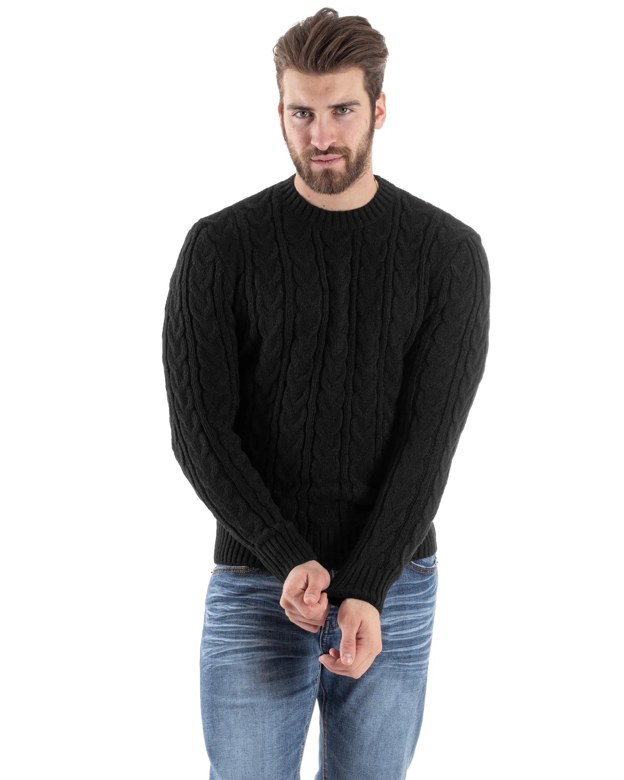 Maglione Con Trecce Uomo Girocollo Maglia Maglioncino Intrecciato Nero GIOSAL-M2803A