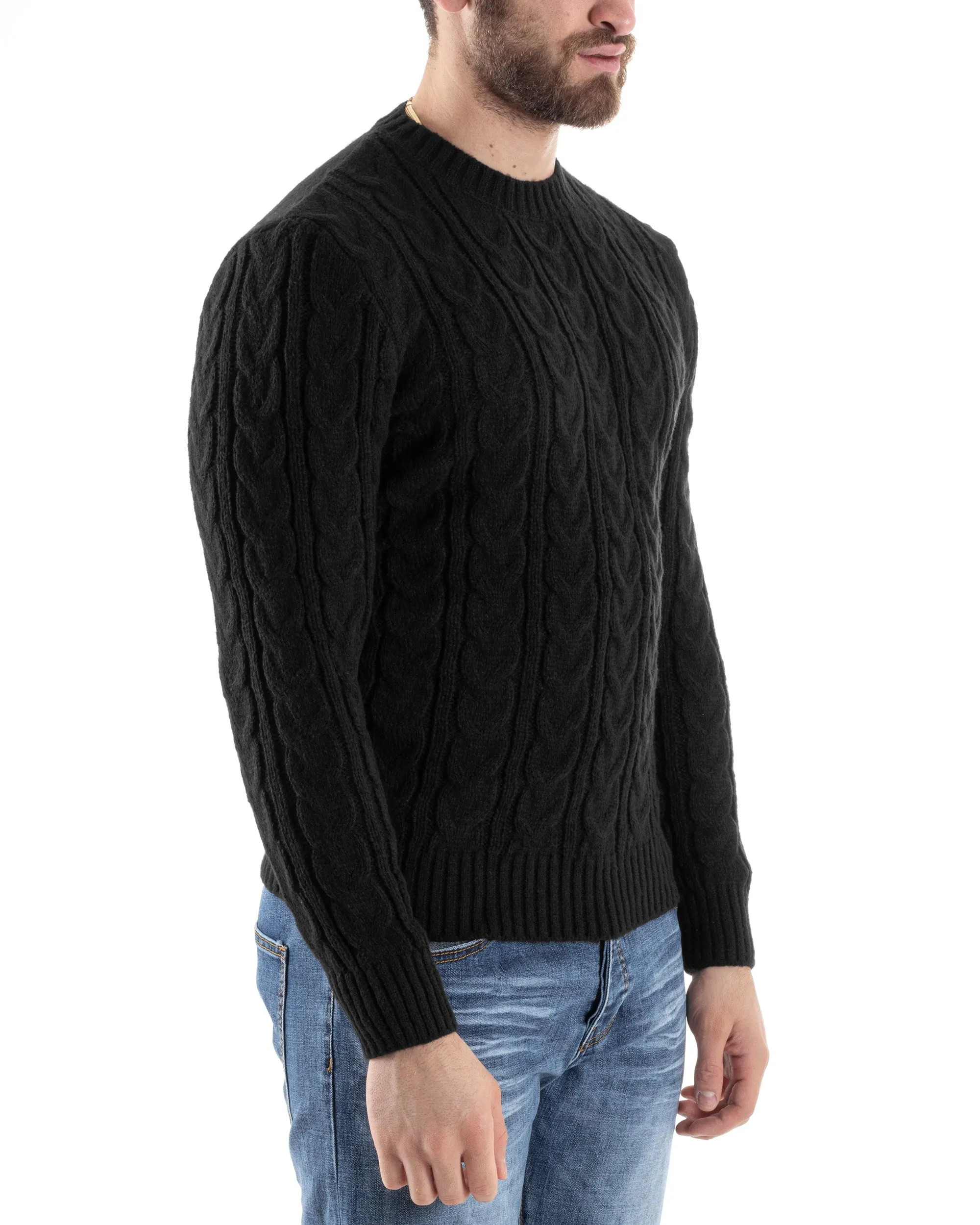 Maglione Con Trecce Uomo Girocollo Maglia Maglioncino Intrecciato Nero GIOSAL-M2803A