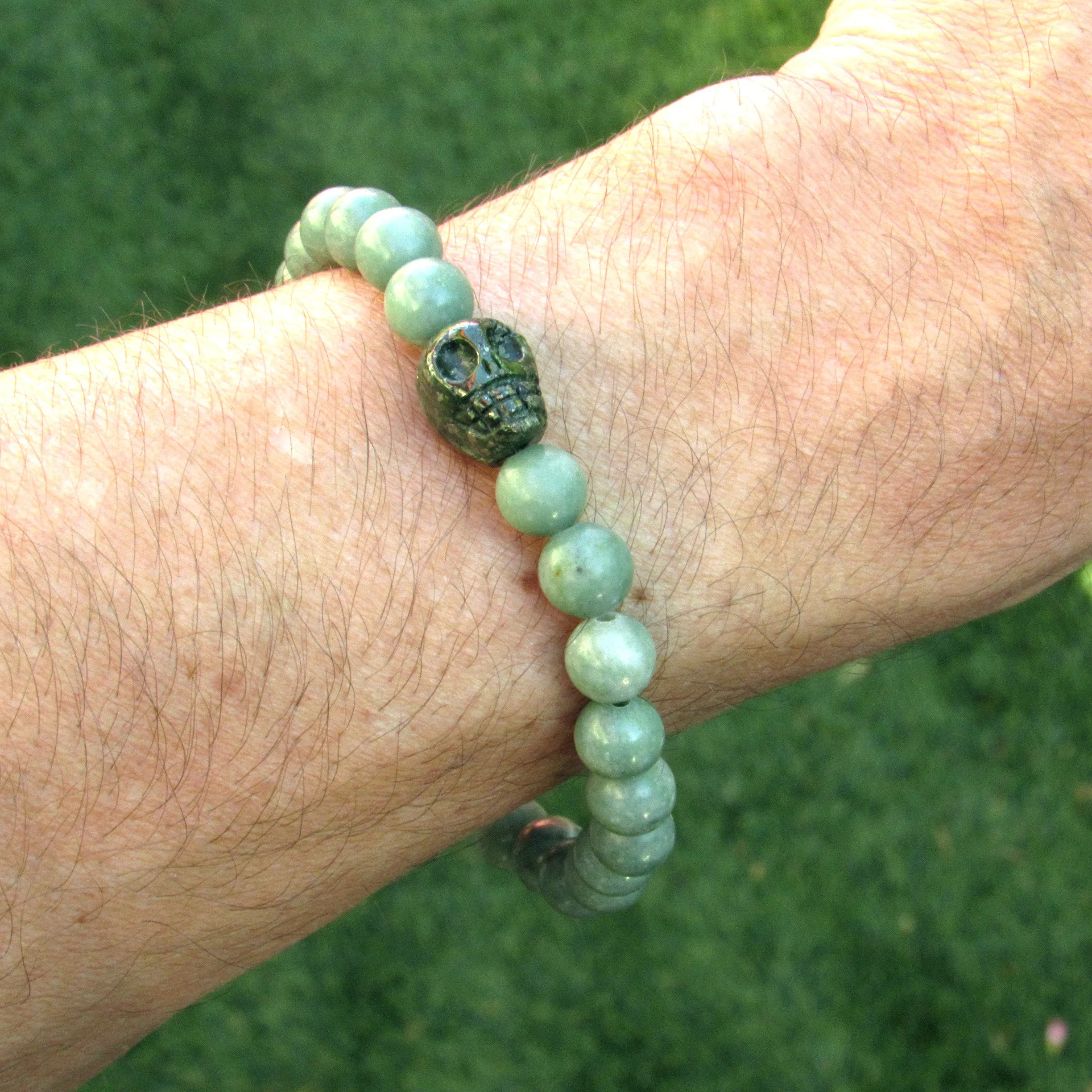 Men’s Green Jasper and Pyrite Skull Bracelet