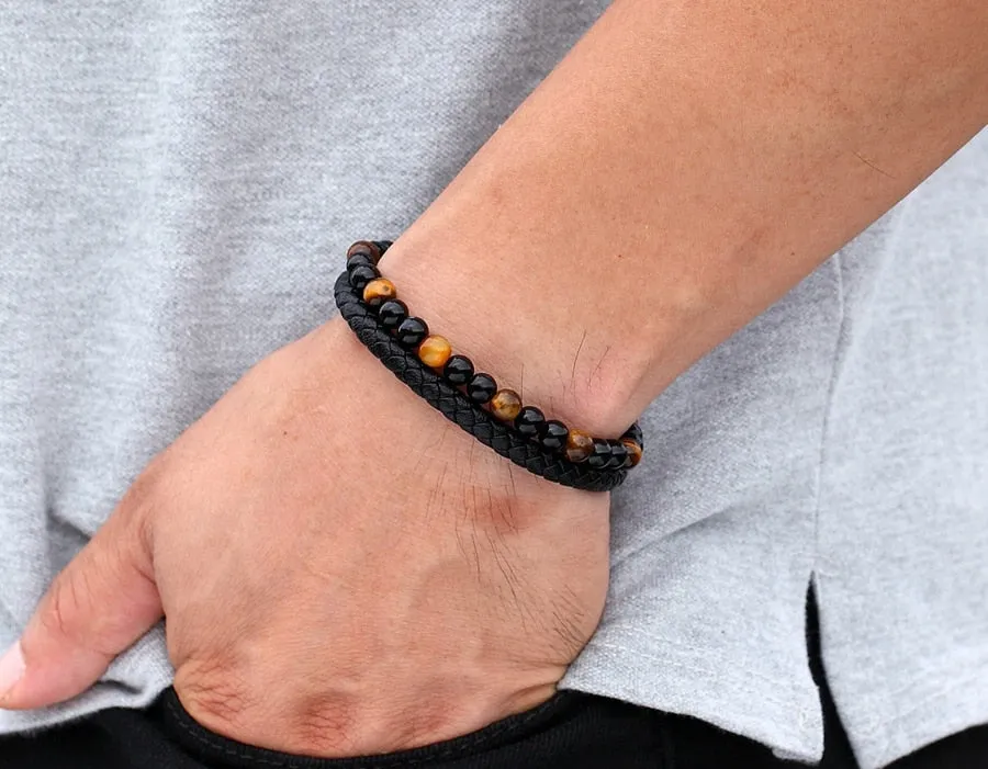 Multi-Layered Leather Tiger-Eye Obsidian Bead Bracelet