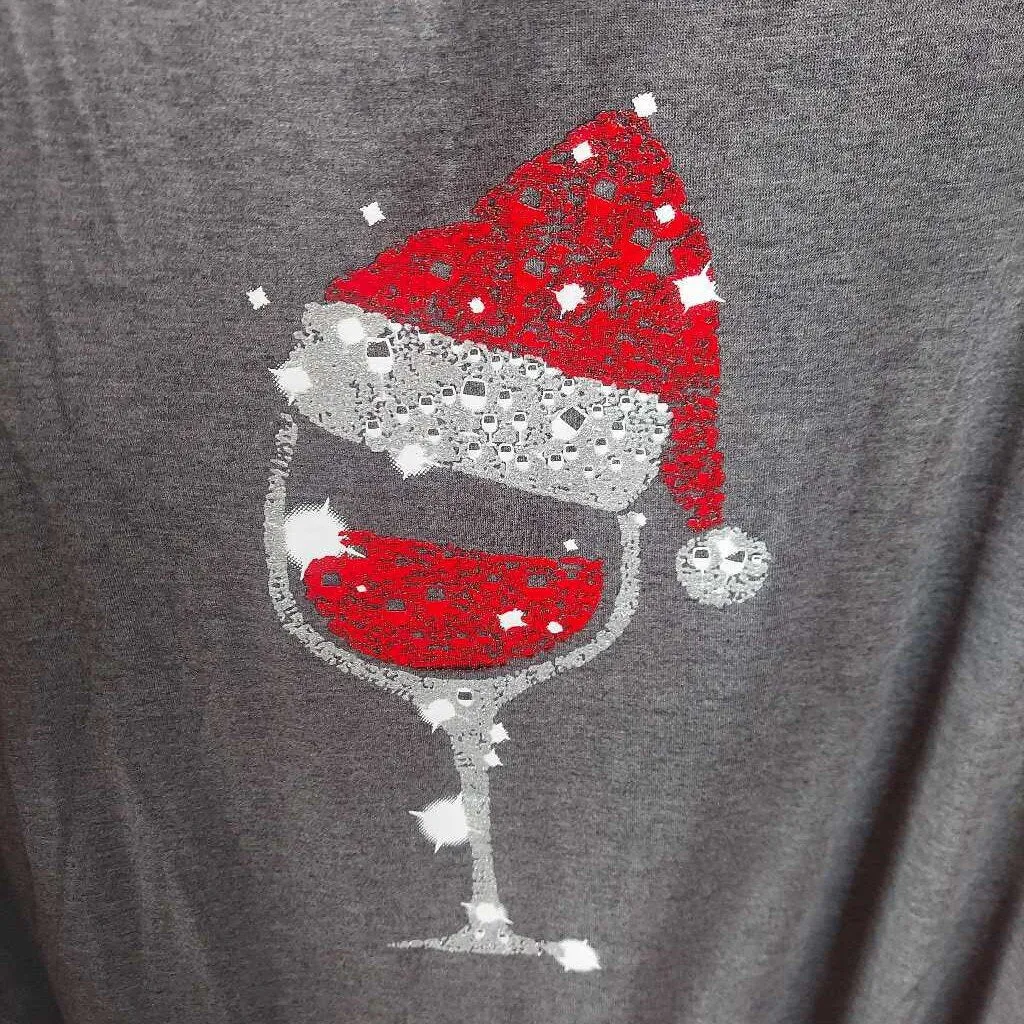 New! Christmas Hat Red Wine Glass Bling Long Sleeve Tee Size XXL