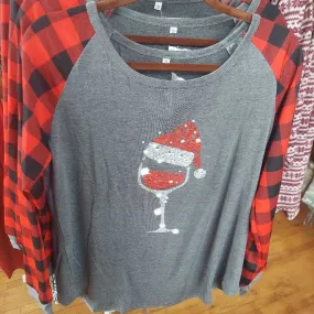 New! Christmas Hat Red Wine Glass Bling Long Sleeve Tee Size XXL